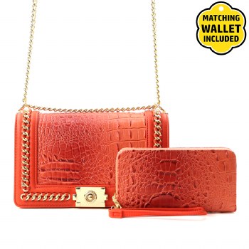Faux Croc Leather Handbag with Wallet
