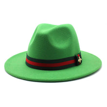Load image into Gallery viewer, Fedora Hat with Red/Green Stripe with Bee
