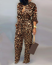 Load image into Gallery viewer, Leopard Print Wide Leg V-Neck Casual Buttoned Jumpsuit
