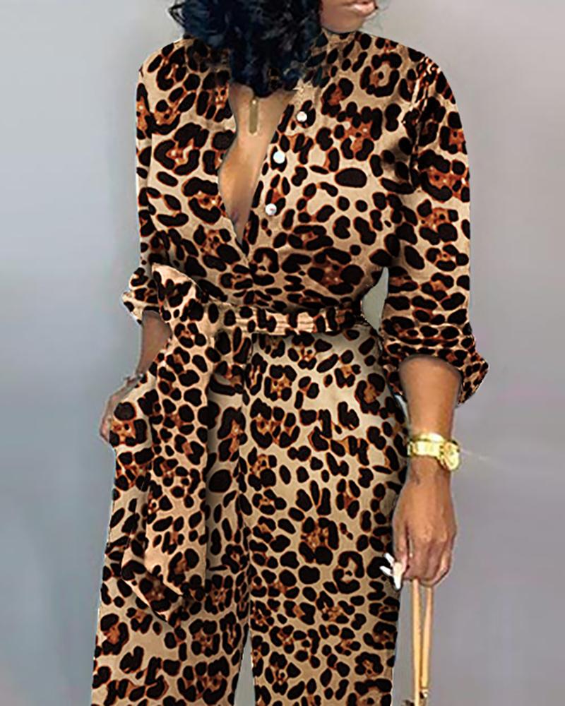 Leopard Print Wide Leg V-Neck Casual Buttoned Jumpsuit