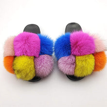 Load image into Gallery viewer, Pom Pom Color Block Furry Slides
