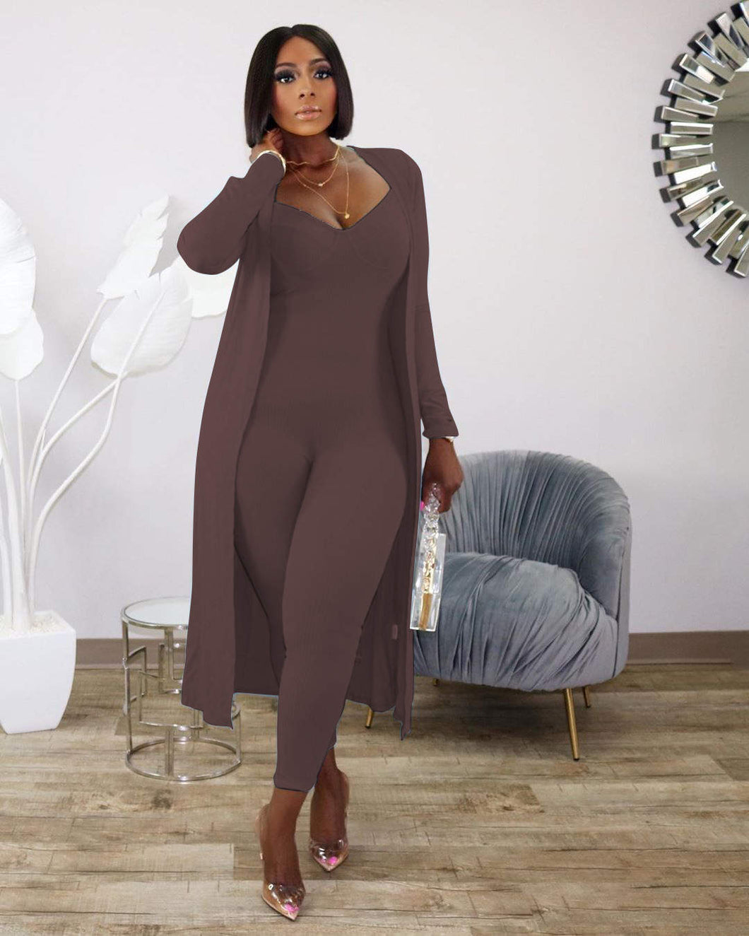 Solid Color Long Sleeve Jumpsuit & Cardigan