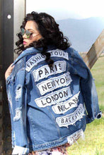 Load image into Gallery viewer, Travel the World Distressed “Fashion Tour” Denim Jacket
